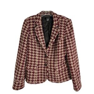 Vintage red tan wool houndstooth preppy tweed office jacket blazer 10